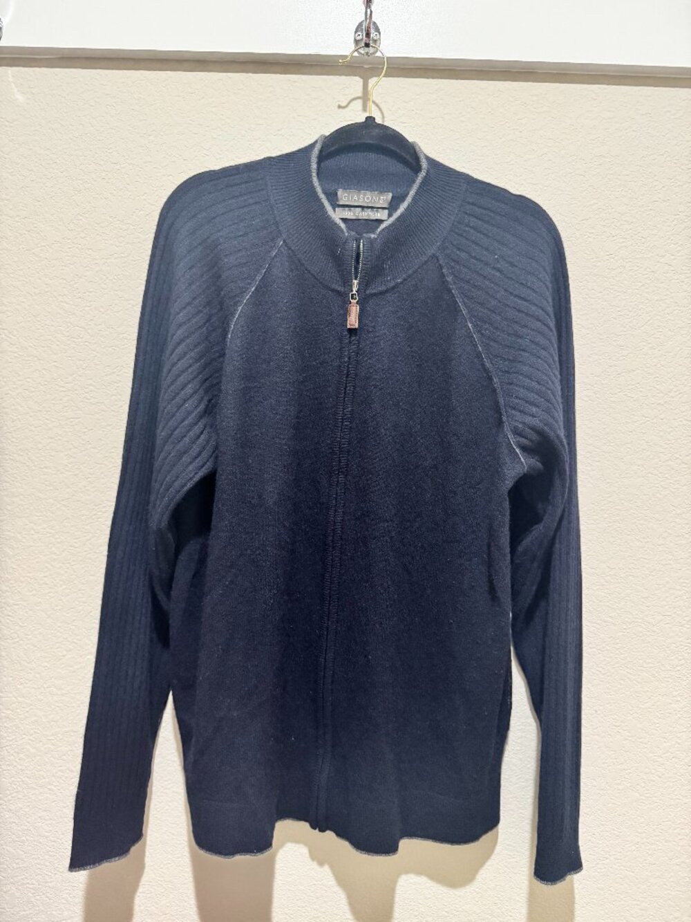 Giasone 100% Cashmere Full Zip Sweater Men's Black Long Sleeve Mock Neck XL